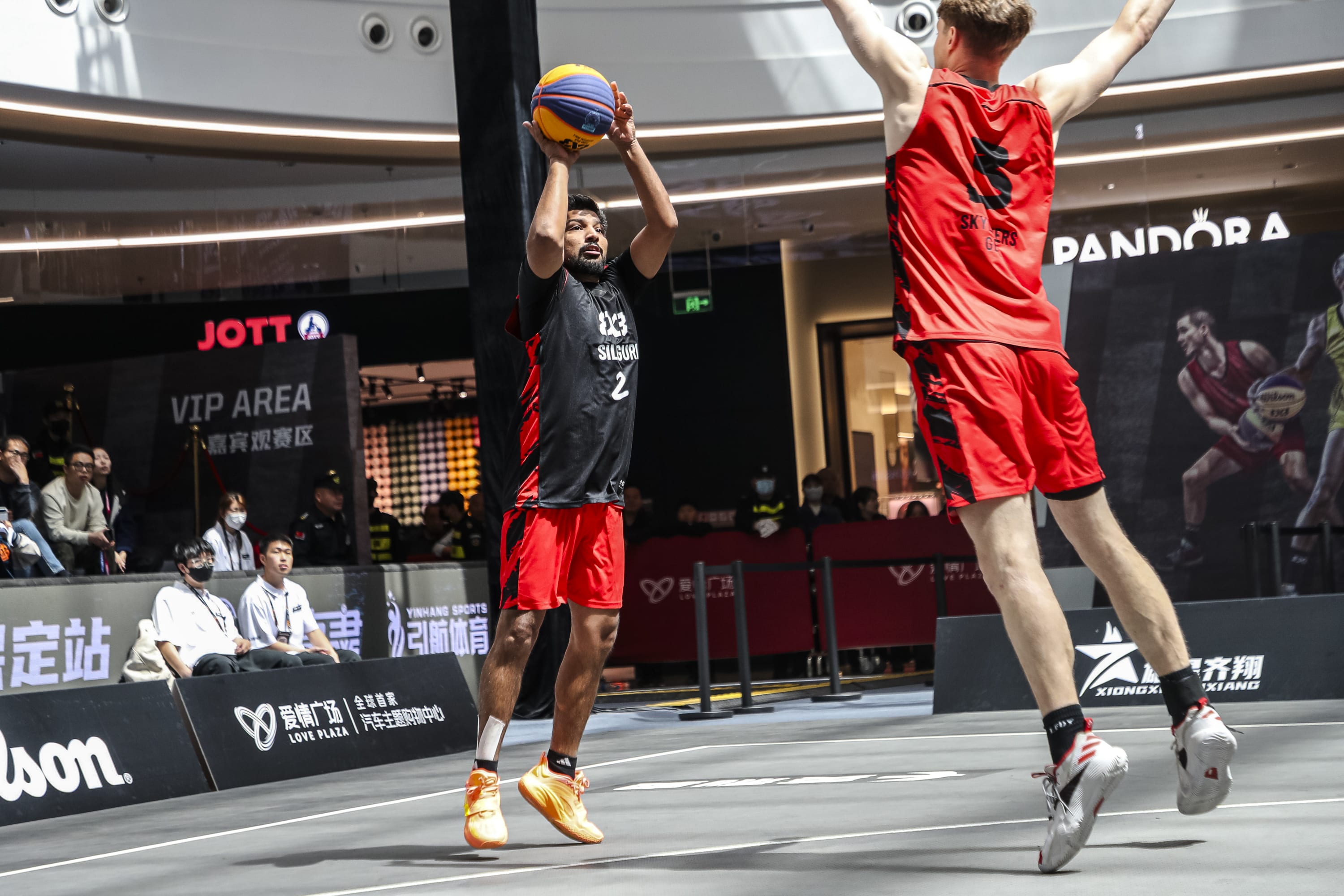 India player shooting over defender at FIBA 3x3 event